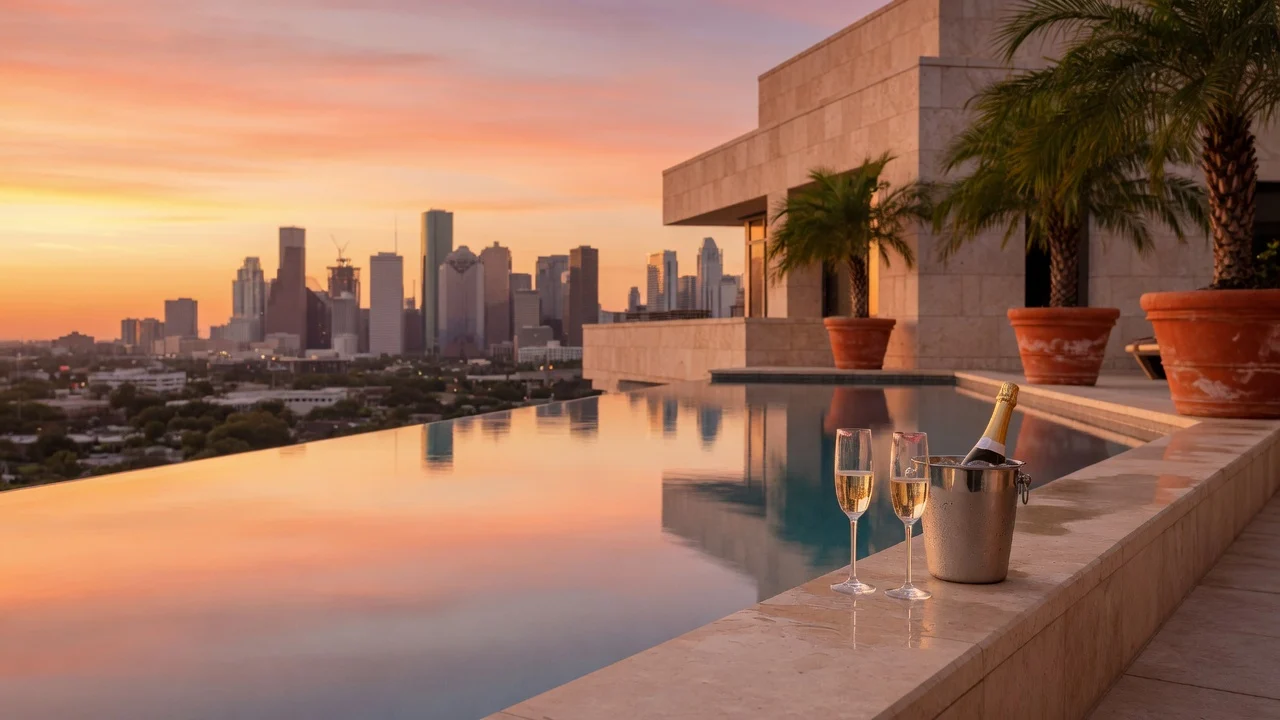 Rooftop infinity pool at Riverline at dusk