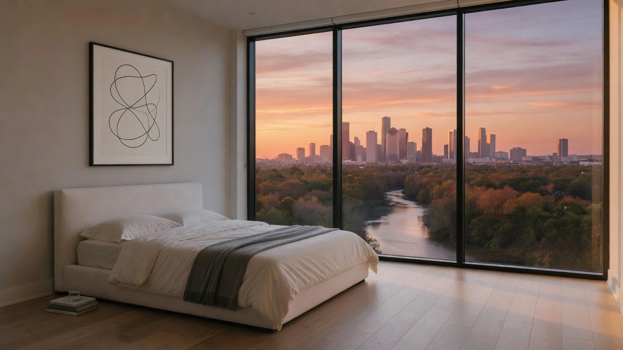 Bedroom at Riverline with a view of the city